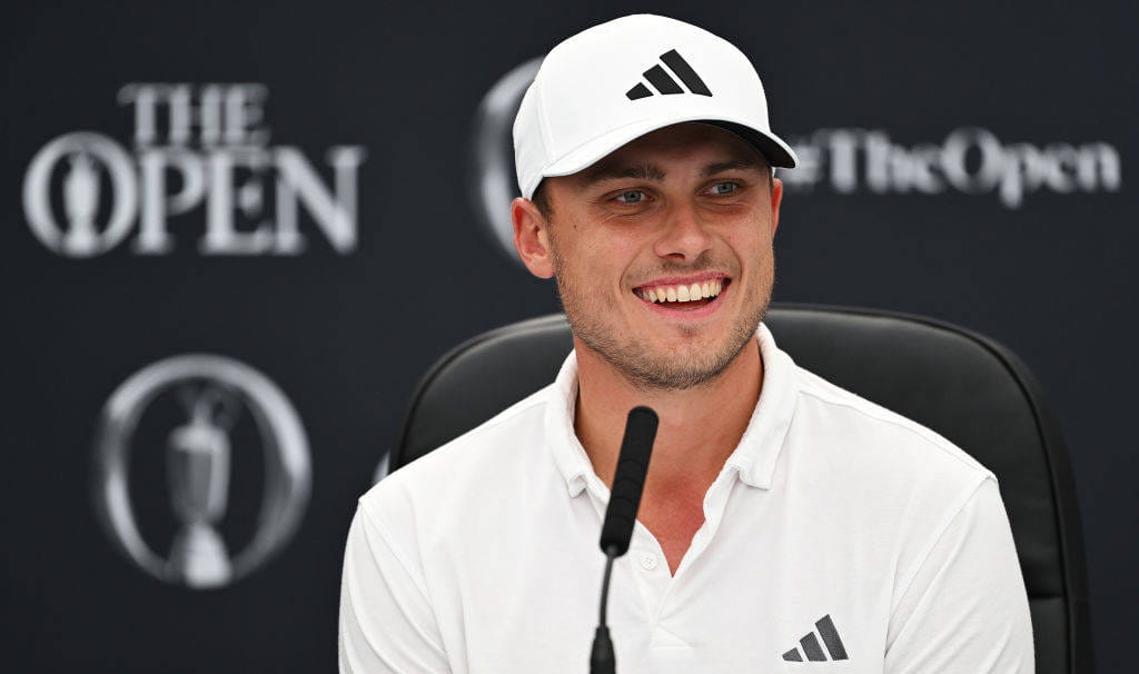 Ludvig Aberg of Sweden speaks in a press conference prior to The 152nd Open championship at Royal Troon